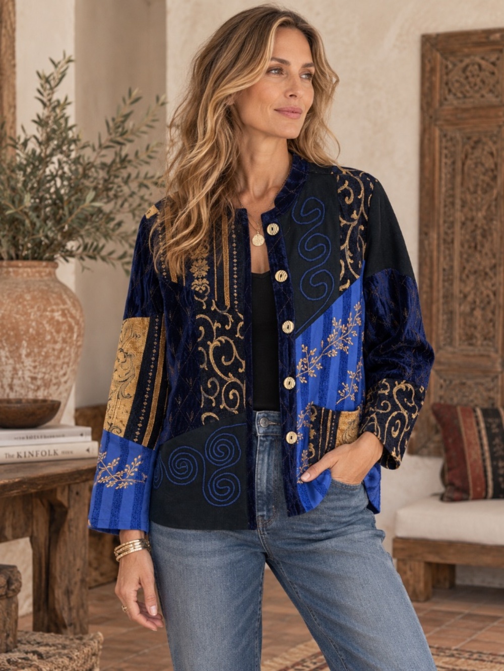 Vintage Indigo Moon Embroidered Patchwork Art to Wear Jacket M